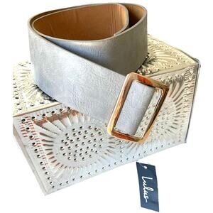 Lulu's NEW Wide Belt Gray Faux Leather Gold Tone Slip Buckle Stylish Womens
